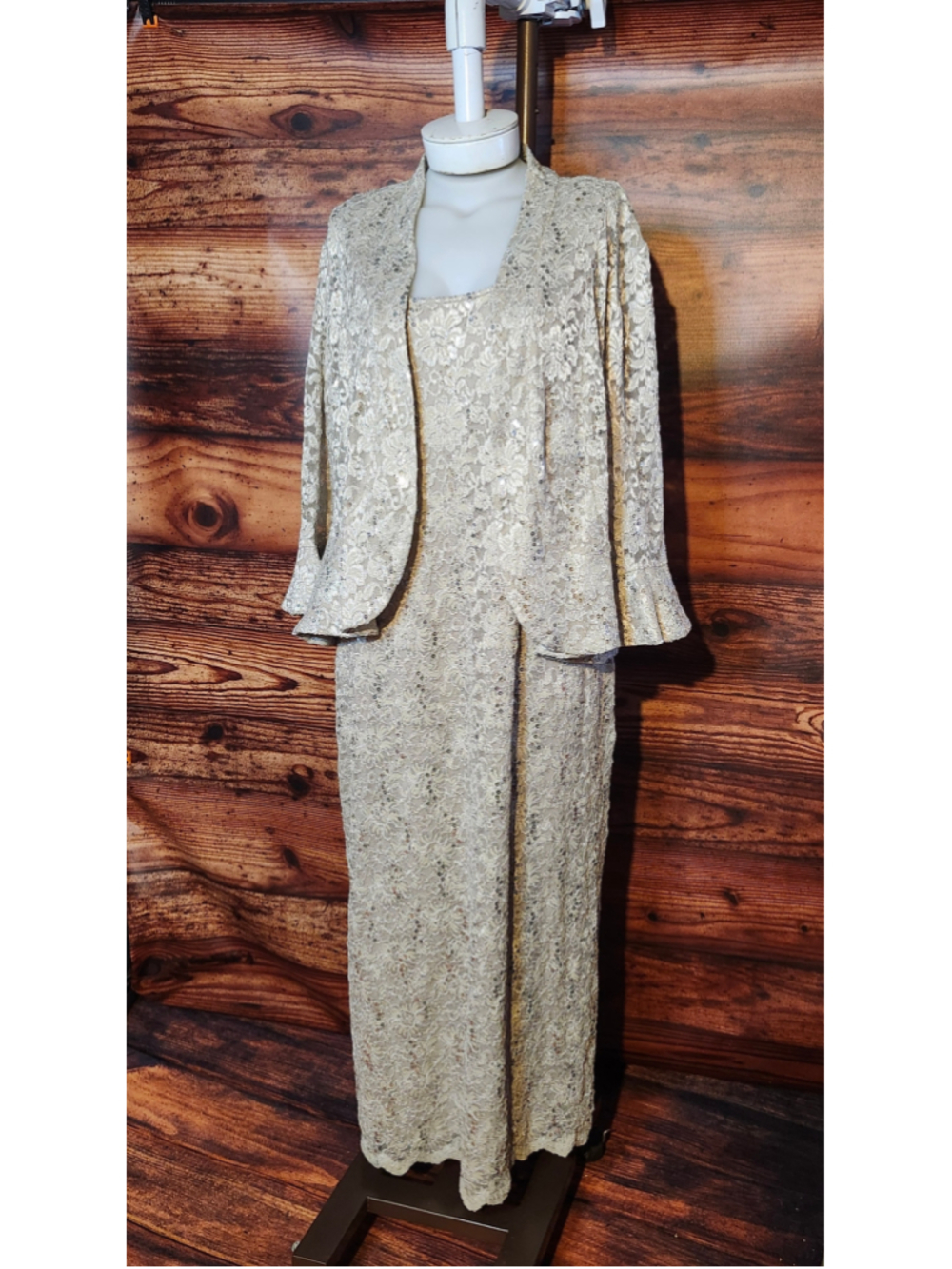 Women's R&M Richards Sequin Lace Dress Set, Plus 16W, Silver